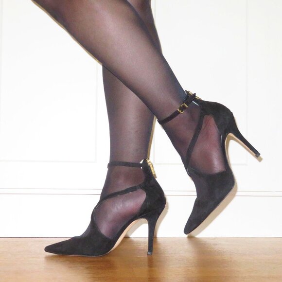 USED Women's Jessica Simpson Wynnley Black Lux Suede Strappy Stiletto Heels 8.5M - Picture 6 of 16